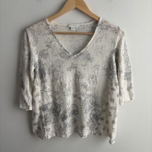 J Jill Linen Blend Sweater XS Women’s White Floral V-Neck 3/4 Sleeve Knit Top